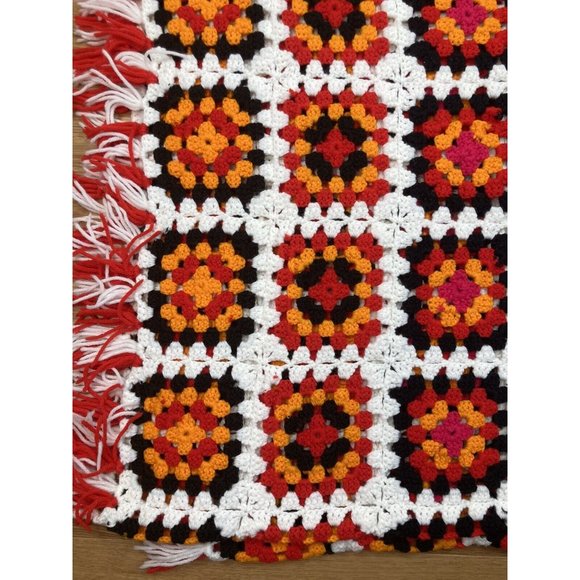Vtg Large Crochet Knit Granny Square Afghan Throw Blanket Bright Fringe 78 X 92 - Picture 3 of 6
